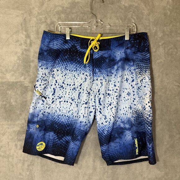 Pelagic Shorts 36 Stretch Board Swim Trunks Fishing Blue Dorado Sharkskin Print